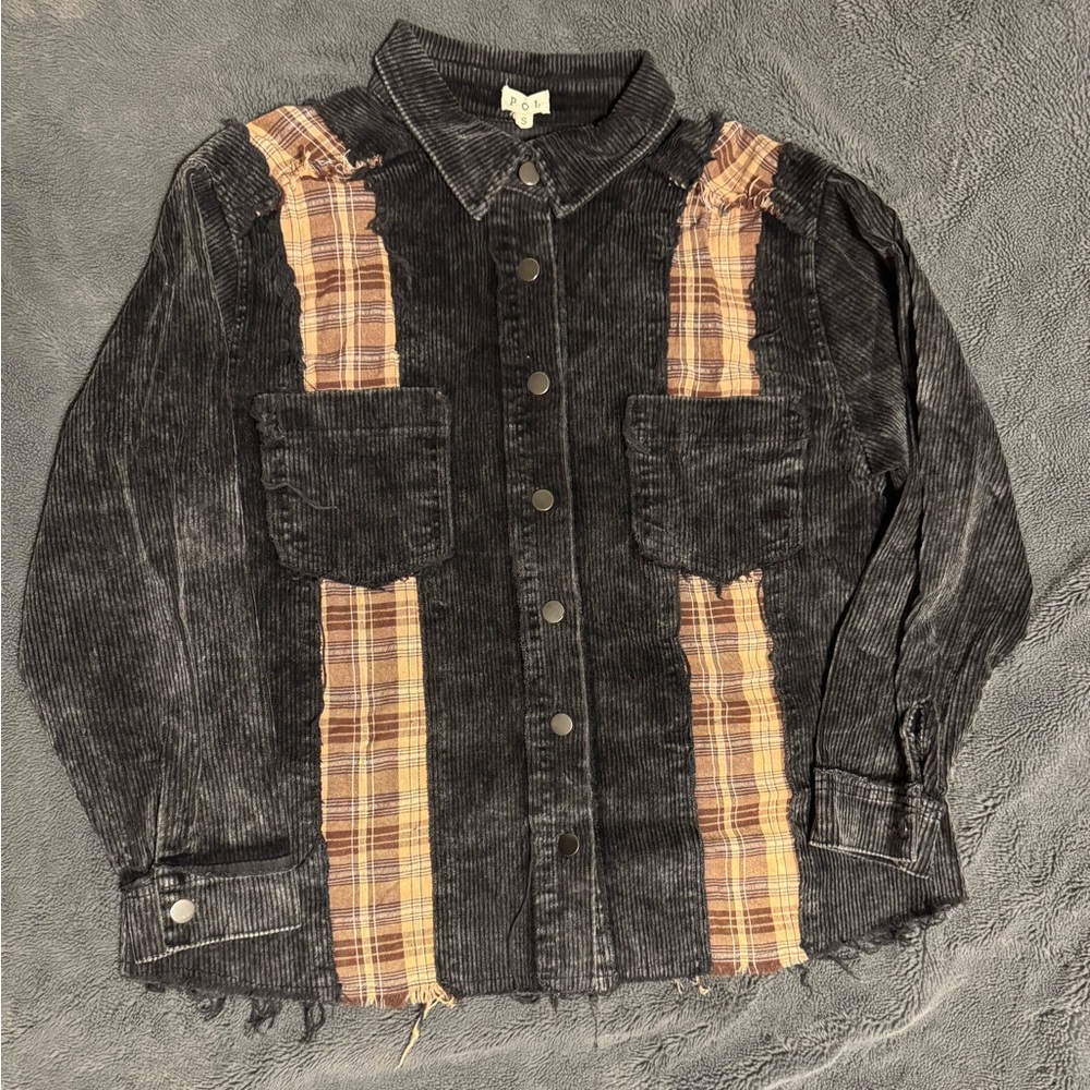 POL Black Corduroy Button-Down Shirt with Brown Plaid Panels